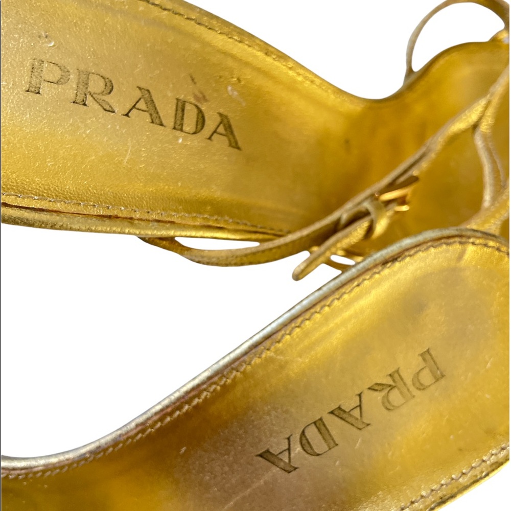 PRADA Metallic Gold Strappy Kitten Heel Sandals - Picture 6 of 7